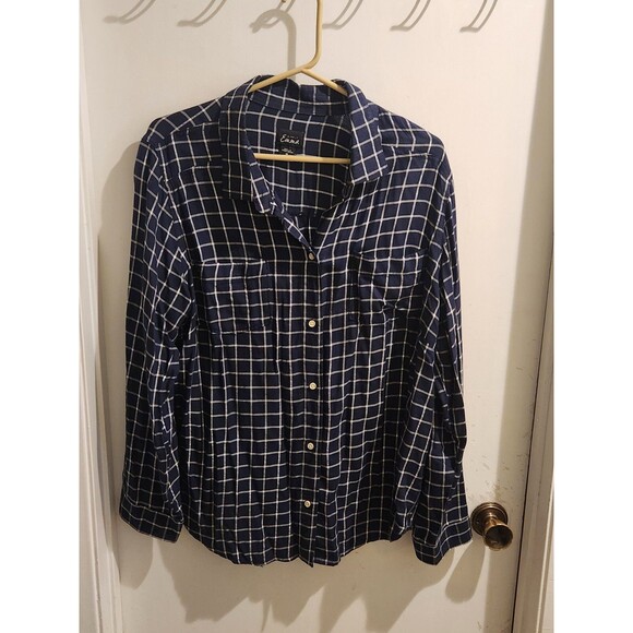 Simply Emma Plus Size 1X Blue Plaid Roll Tab Sleeve Button Down 100% Cotton Top - Picture 1 of 8